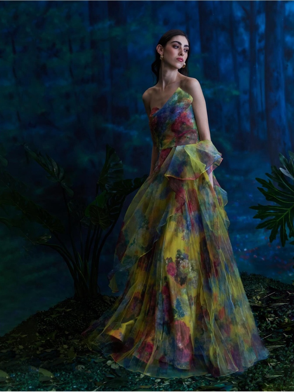 Theia Sutton Draped Organza Strapless Watercolor Gown